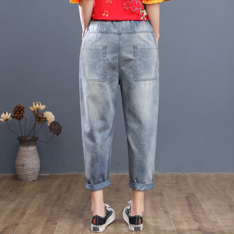Quần Denim Lưng Cao Dáng Rộng Thêu Họa Tiết Hoạt Hình Xinh Xắn Có Size Lớn Dành Cho Nữ