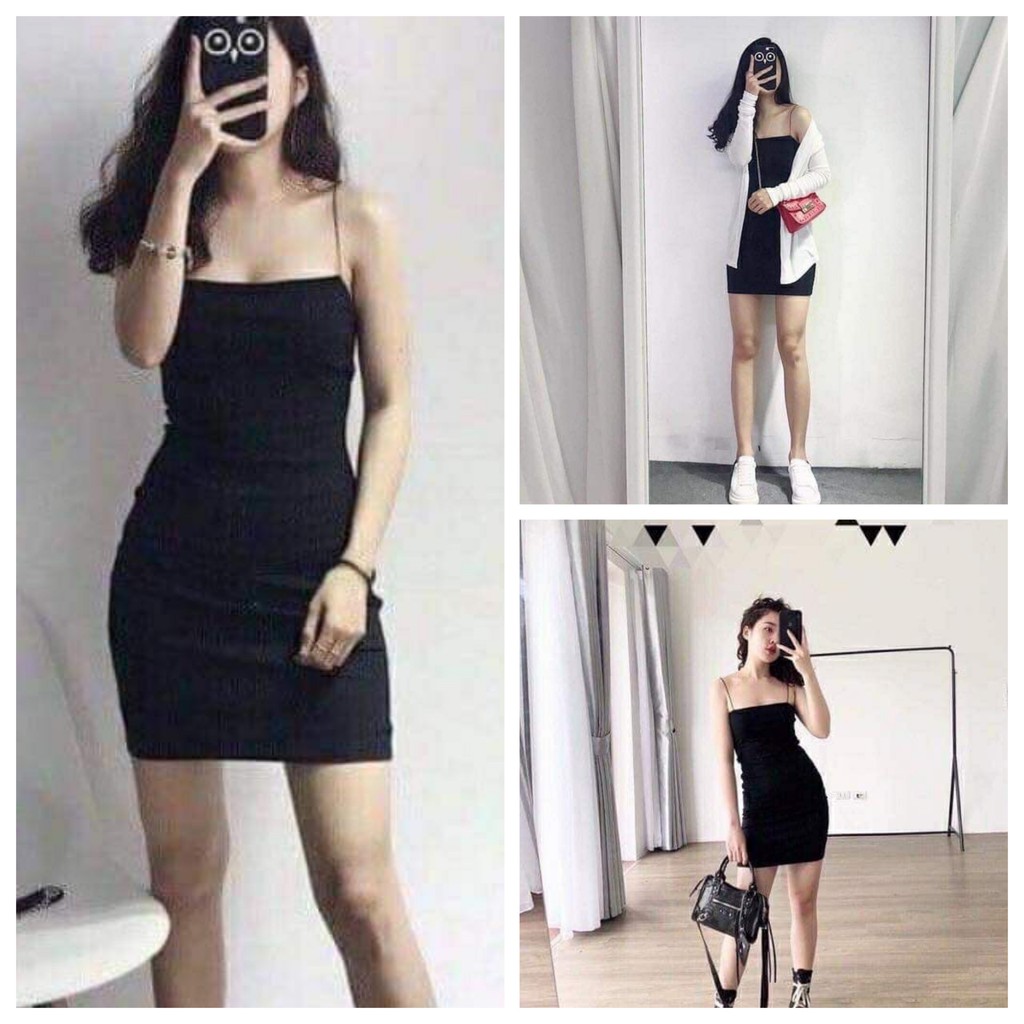 Đầm - Váy Ôm Body Hai Dây Sợi Bún Màu Đen HD06
