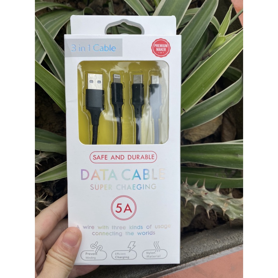 Cáp Sạc Nhanh 3 Đầu 5A (3 in 1 Cable) Bọc Dù Siêu Bền Sạc Nhanh Chống Xoắn Gãy Gập Dây Cáp