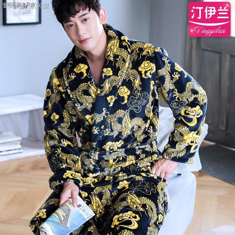Áo Choàng Ngủ Vải Lông Cừu San Hô Dày Kiểu Kimono Cá Tính Cho Nam