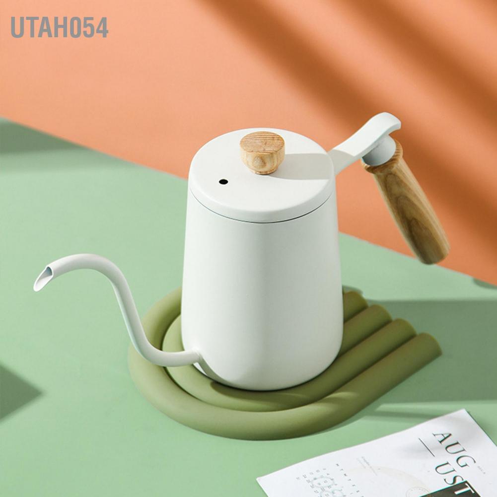 Hàng Sẵn Ấm pha cà phê 600ml Cổ ngỗng vòi dài bằng Thép không gỉ với Tay cầm gỗ【Utah054】