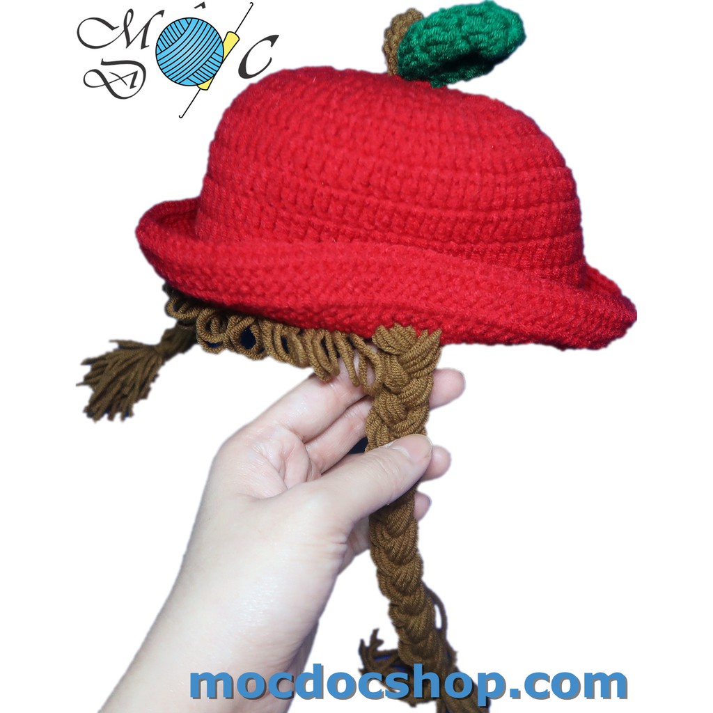 Mũ nón len handmade tóc giả có 2 bím cho bé gái hình trái táo