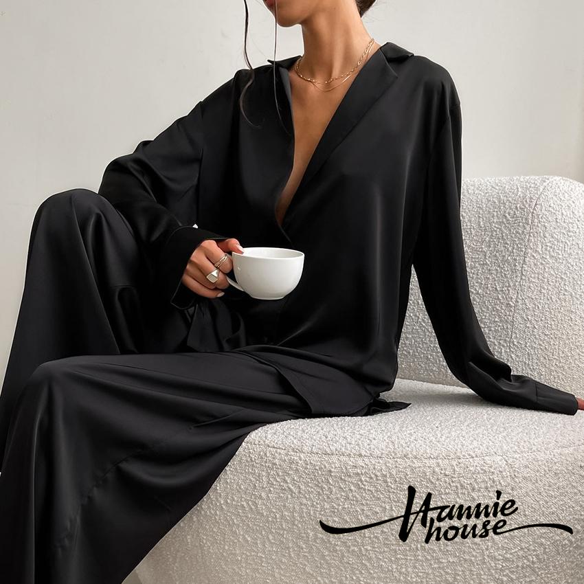 Set Đồ Ngủ 2 Món Gồm Áo Sơ Mi Tay Dài Cổ Bẻ Một Hàng Khuy + Quần Dài Lưng Thun Màu Trơn Cho Nữ