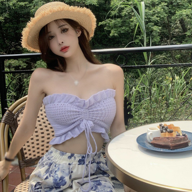 Áo ống ngắn dây rút màu trơn thời trang mùa hè cổ điển dành cho nữ | BigBuy360 - bigbuy360.vn