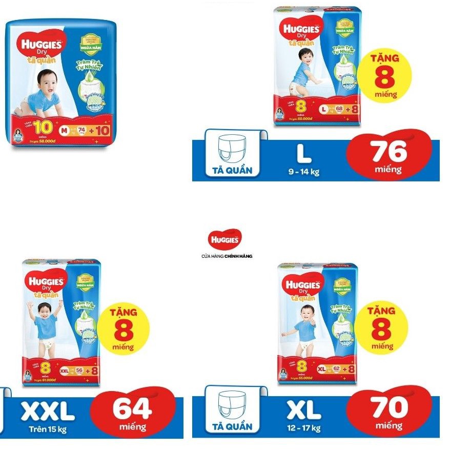 (Tặng 8 Miếng) Tả quần Huggies M74/L68/XL60/XXL54 Tặng 8 miếng mẫu mới tràm trà ngừa hăm cho bé