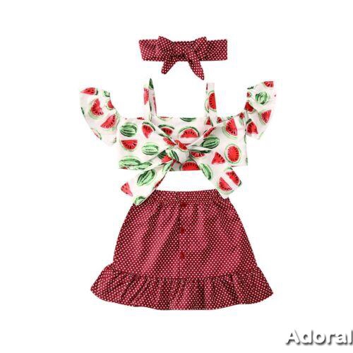 Bộ Áo Croptop Cổ Yếm In Họa Tiết Dưa Hấu + Chân Váy Mini Chấm Bi Thời Trang Mùa Hè Cho Bé Gái 6 Tháng - 5 Tuổi