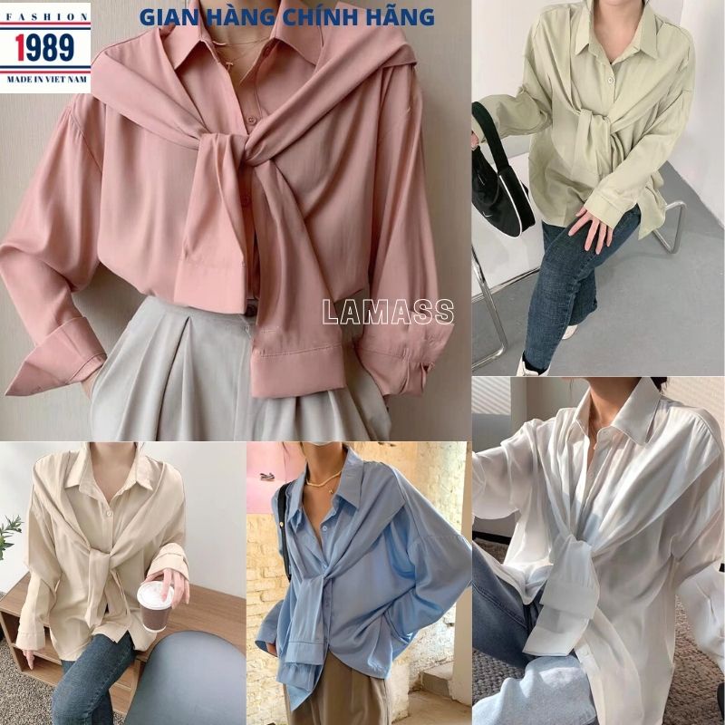 Áo Sơ Mi Nữ form rộng Lụa hàn buộc nơ cổ nhiều mầu đẹp dài tay ulzzang vintage hàn quốc cao cấp trơn -phương vũ 1989