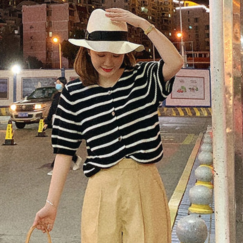 Áo Dệt Kim Tay Ngắn Kẻ Sọc Thời Trang 153201 Áo Khoác Cardigan Form Rộng Kiểu Dáng Đơn Giản Theo Phong Cách Retro Dễ Phối Đồ