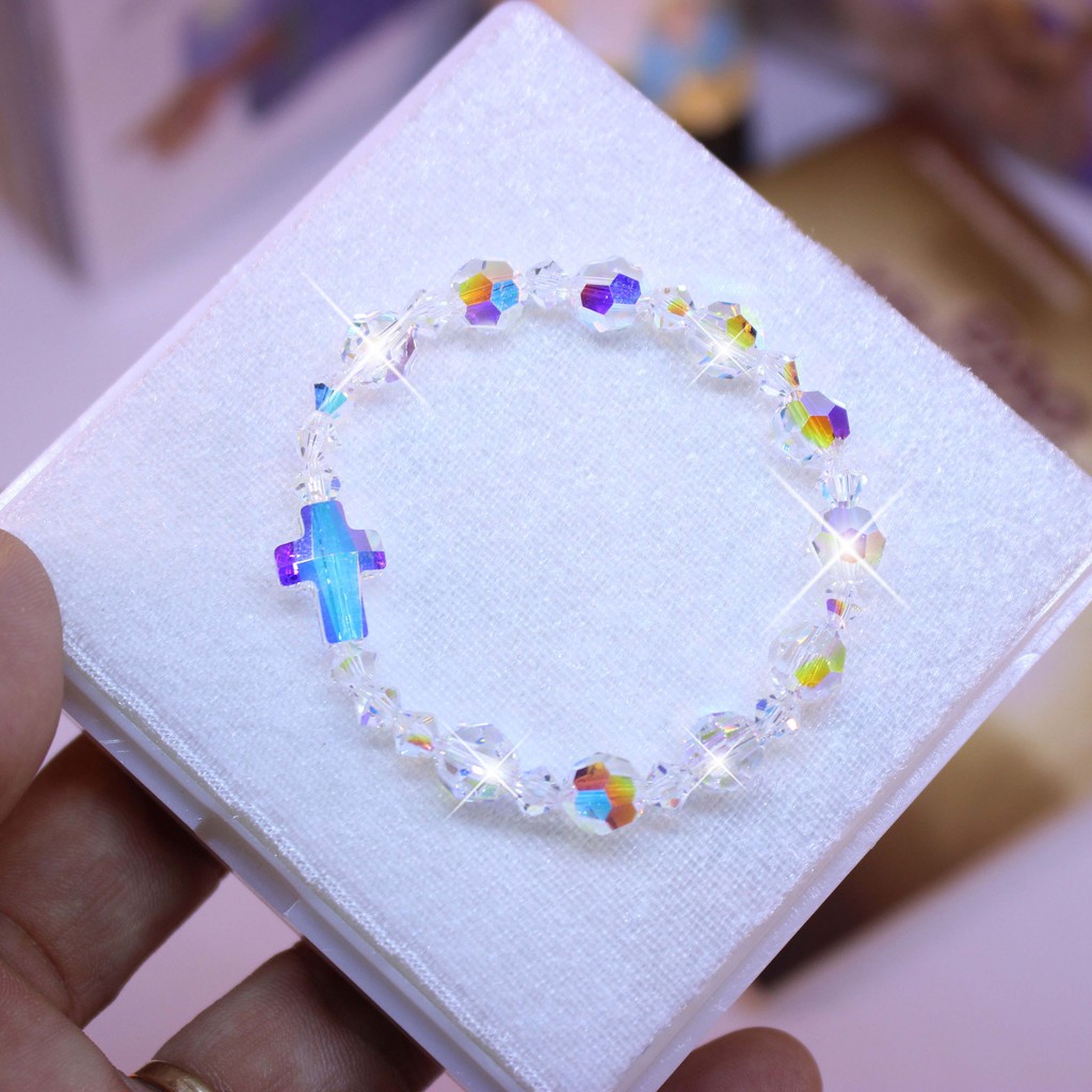 Vòng tay chuỗi mân côi pha lê Áo Swarovski cao cấp hạt tròn giác cạnh 8ly