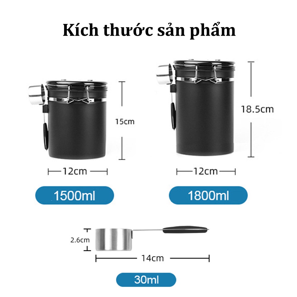 Hộp đựng cà phê Bằng Thép Không Gỉ Hộp đựng trà Hút chân không 1500ml 1800ml Kèm muỗng định lượng coffee can