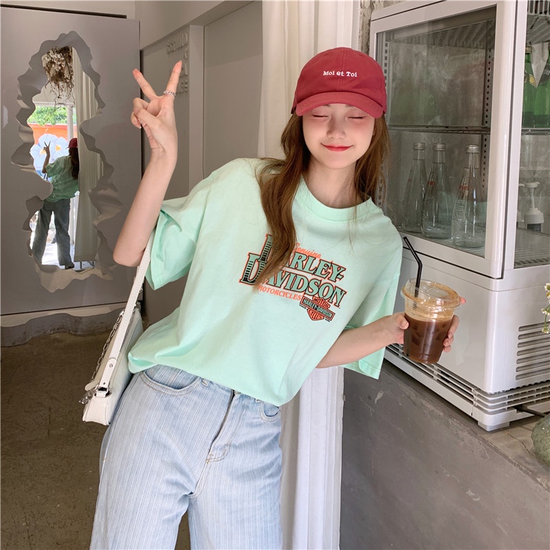 Áo thun tay ngắn cổ tròn dáng rộng in họa tiết phong cách Hàn Quốc trẻ trung dành cho nữ