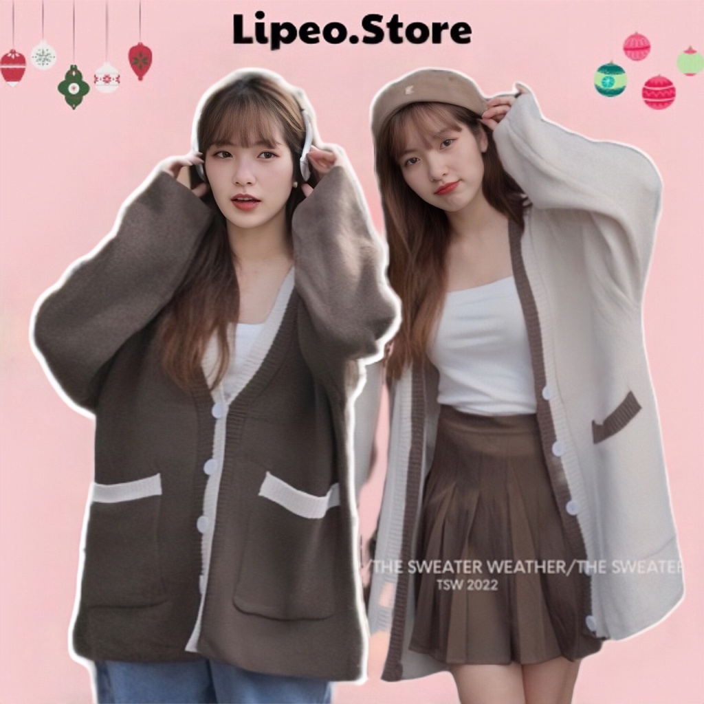 Áo khoác Cardigan len trơn viền cúc, túi khác màu