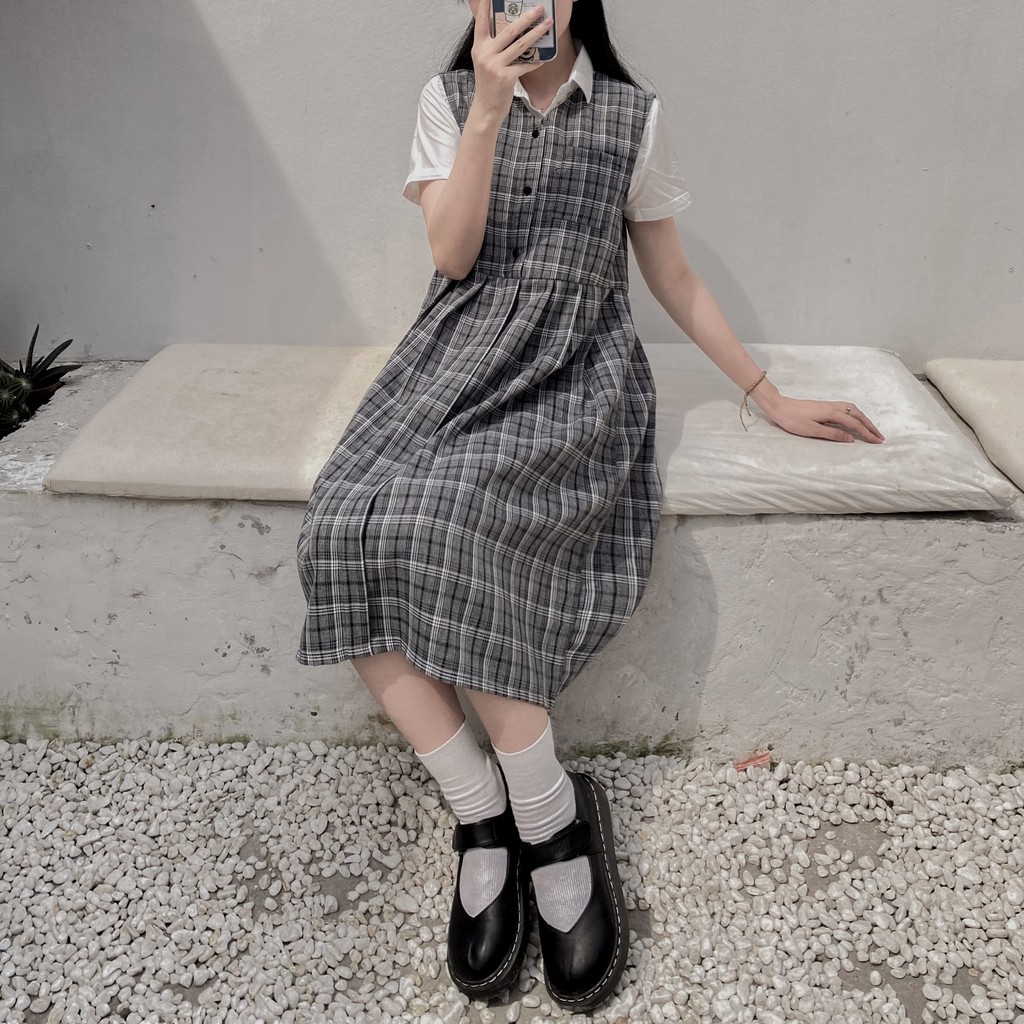 Váy yếm hoạ tiết kẻ caro xám form rộng ulzzang basic - Made by Fiin | BigBuy360 - bigbuy360.vn
