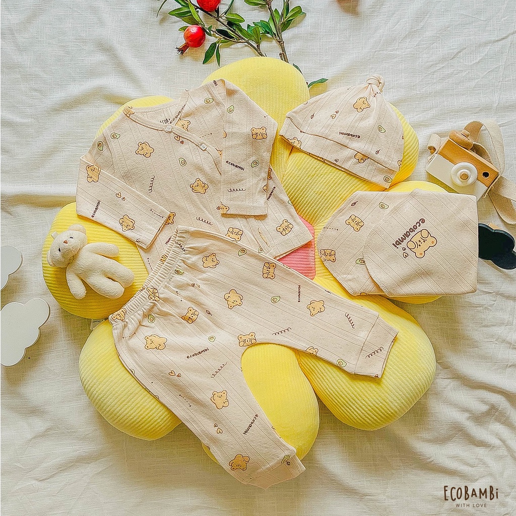 NEWBORN - Bộ thun cotton CÀI CHÉO, DÀI TAY dành cho trẻ sơ sinh, kiểu dệt Jacquard in hoạ tiết Ecobambi