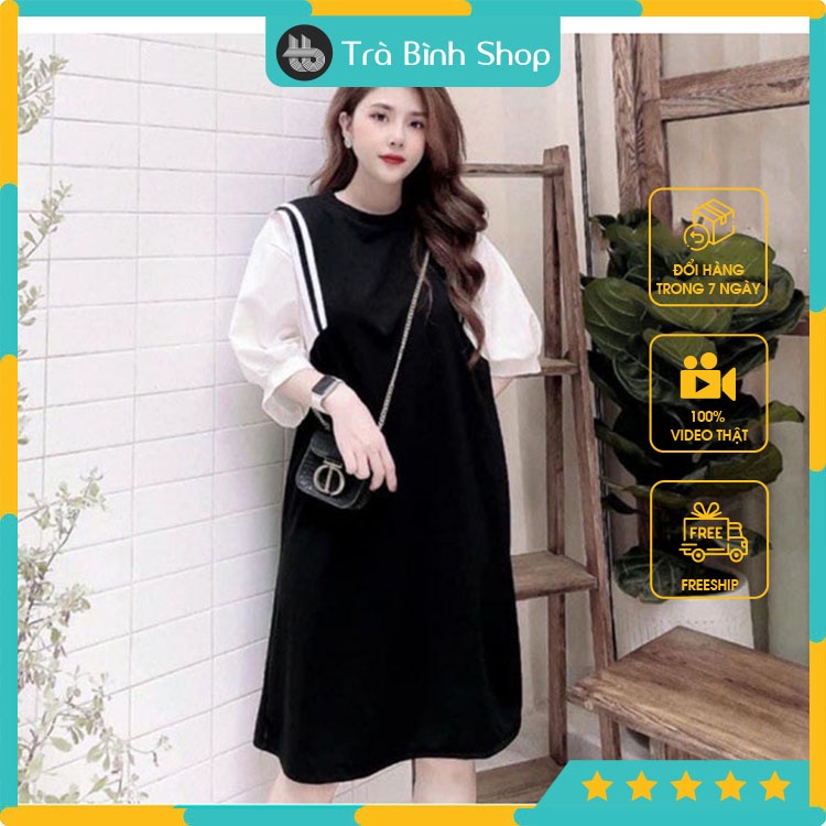 Đầm Dáng Suông Dài Tay Lỡ Váy Đen Tay Trắng Phối Viền Chất Đũi Phong Cách Thủy Thủ