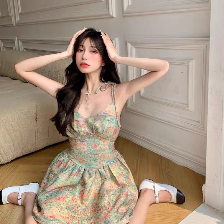 Đầm Ngắn Cổ Chữ V In Họa Tiết Hoa Phong Cách Pháp Cổ Điển Thời Trang Cho Nữ