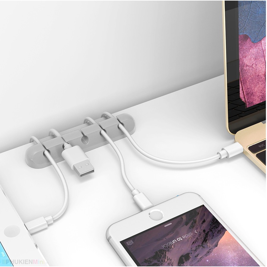 Thanh silicon 5 lỗ kẹp dán cố định dây cáp sạc, dây điện, tai nghe, sắp xếp gọn gàng dây nhợ cho bàn làm việc, xe ô t...