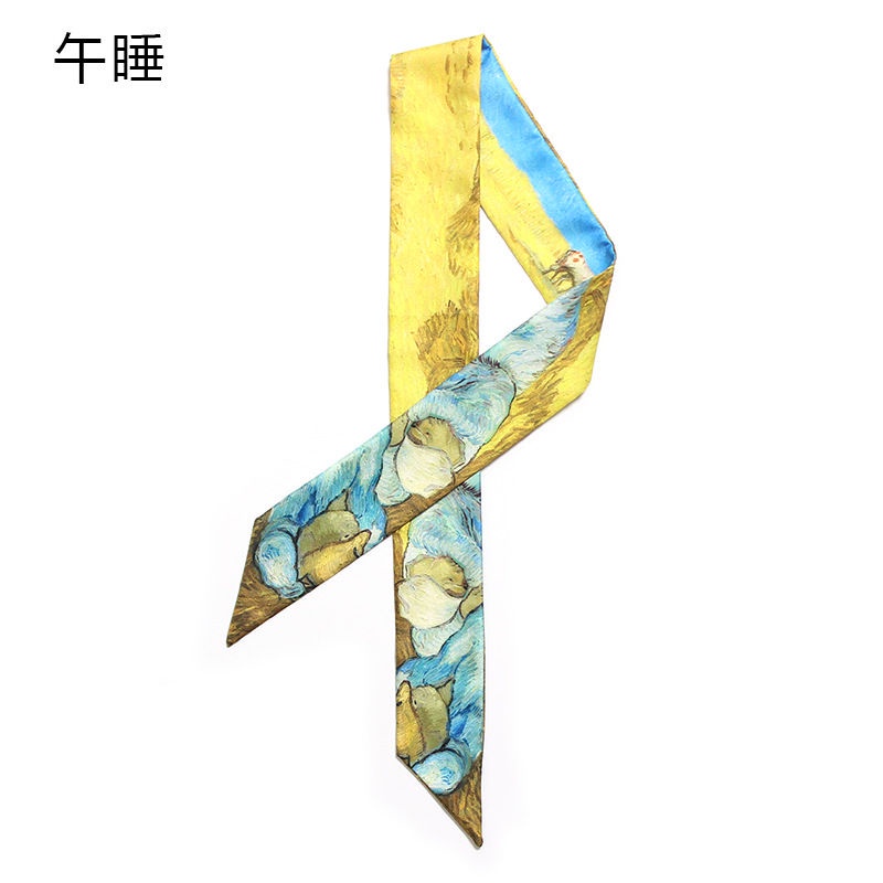 Art with Bag Handle Van Gogh Wheat Field Apricot Flower Starry Sky Oil Painting Slim Narrow Silk Scarf Hair Band Scarf
