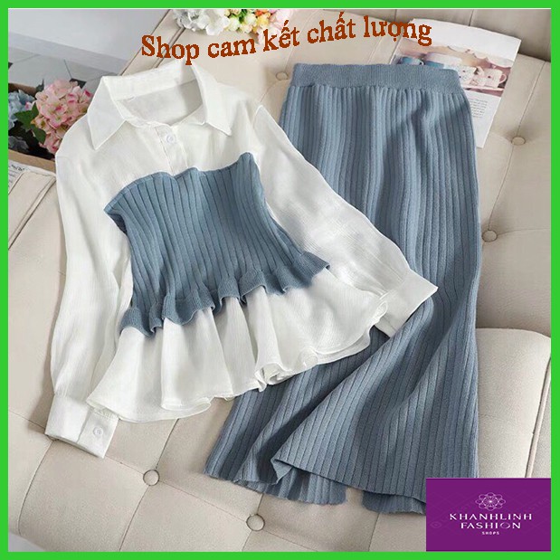 Sét thời trang áo len phối voan sơ mi và chân váy ren xe tà