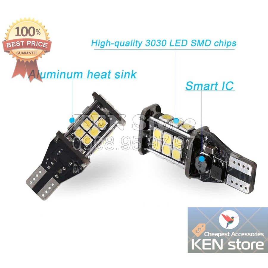 Bóng LED T15 chân bóng T10 làm xi nhan, đèn lùi cho ô tô, xe máy 24 chip smd 3030