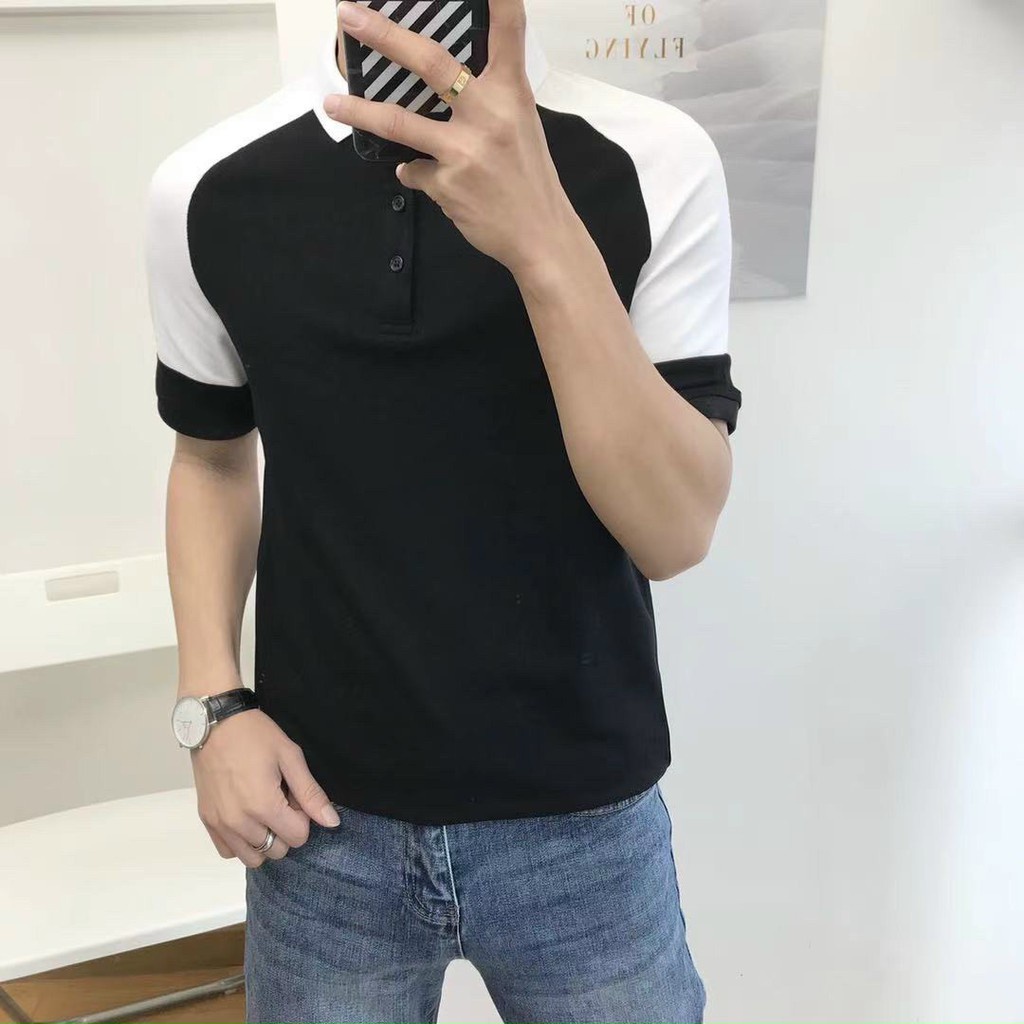 Áo thun nam polo pha vai,kiểu dáng Hàn, chất liệu cotton cao cấp mềm mịn,