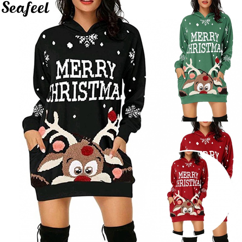 sf_Áo sweatshirt tay dài siêu nhẹ in hình tuần lộc Giáng Sinh