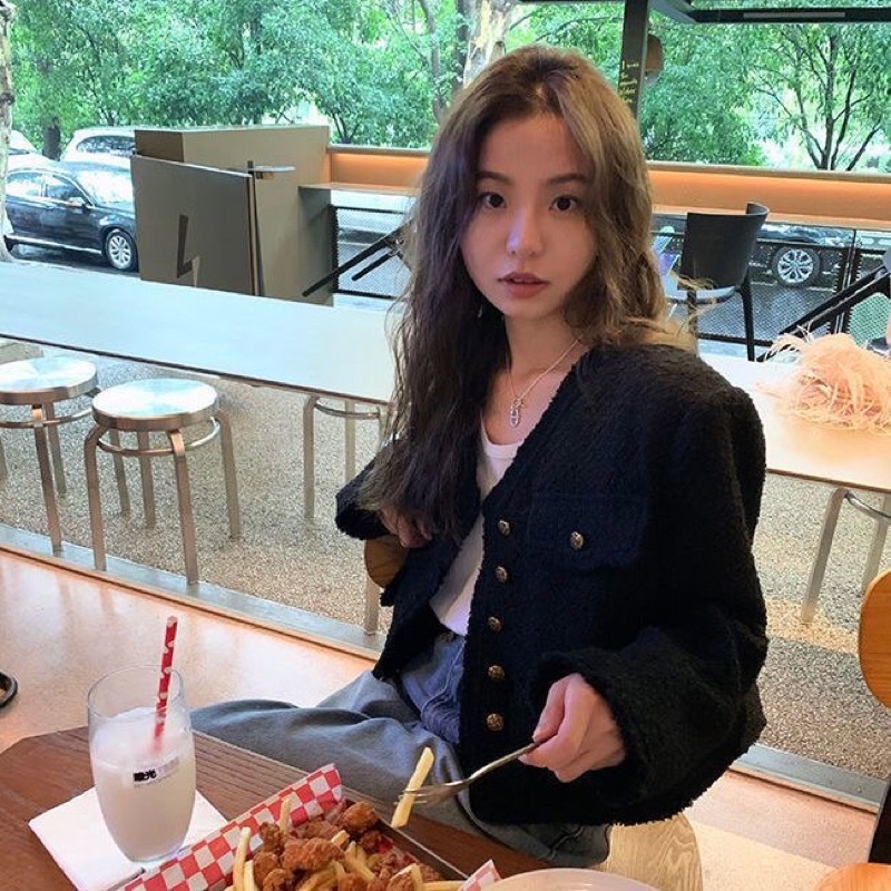 ÁO DẠ TWEED ĐEN DÁNG NGẮN - ÁO KHOÁC NỮ THU ĐÔNG