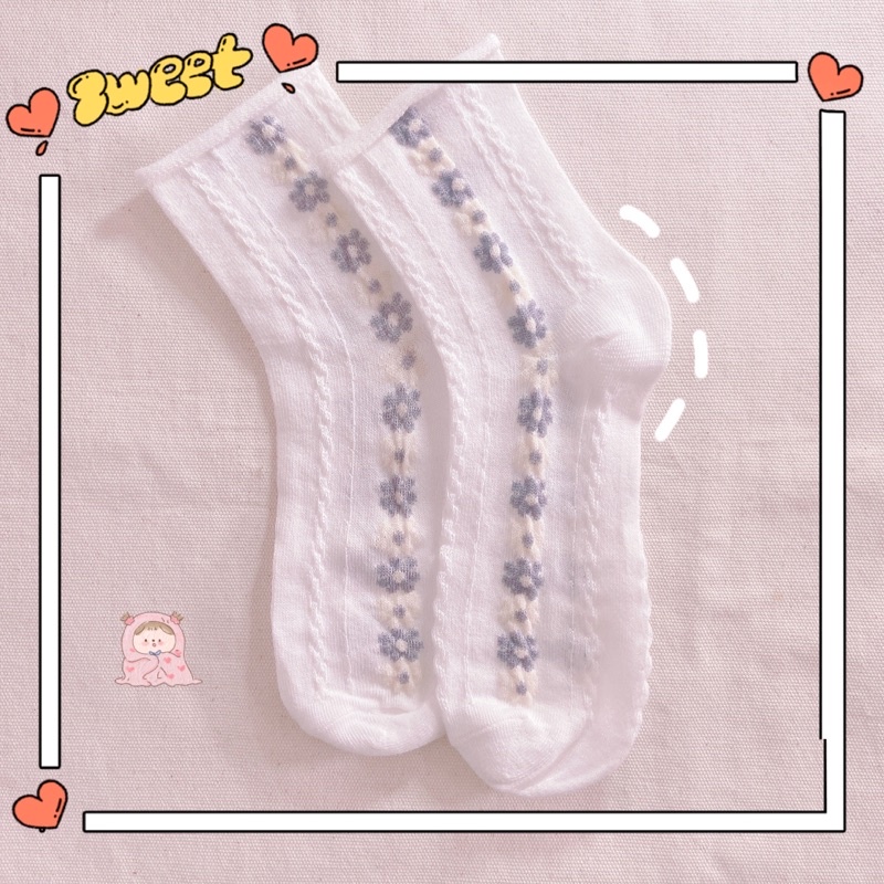 Set 4 Đôi Tất nữ Vintage Trắng Phối Ren Hoạ Tiết Hoa Mùa Xuân Dễ Thương Phong cách Hàn quốc Học sinh Sinh Viên