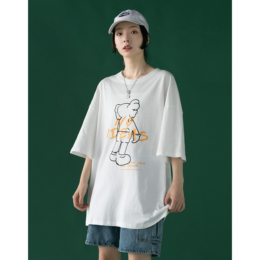Áo thun tay lỡ Unisex Familylove - Áo phông nam nữ họa tiết Gấu NO IDEA trẻ trung chất liệu cotton 100%
