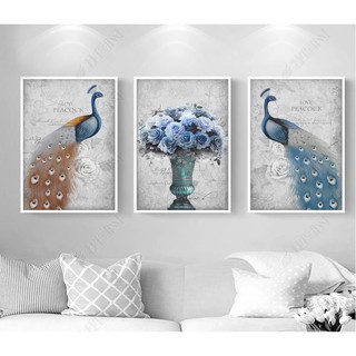 Bộ 3 tranh dán tường chim công và lộc bình sang trọng VIP1687- kích thước 40 x 60 x 3 tranh