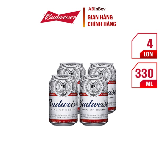 Pack 4 lon bia Budweiser (330ml/lon)
