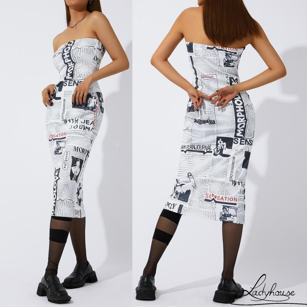 Ldd-đầm Ôm Dáng Không Dây In Hình Báo Cho Nữ Size S/M/L