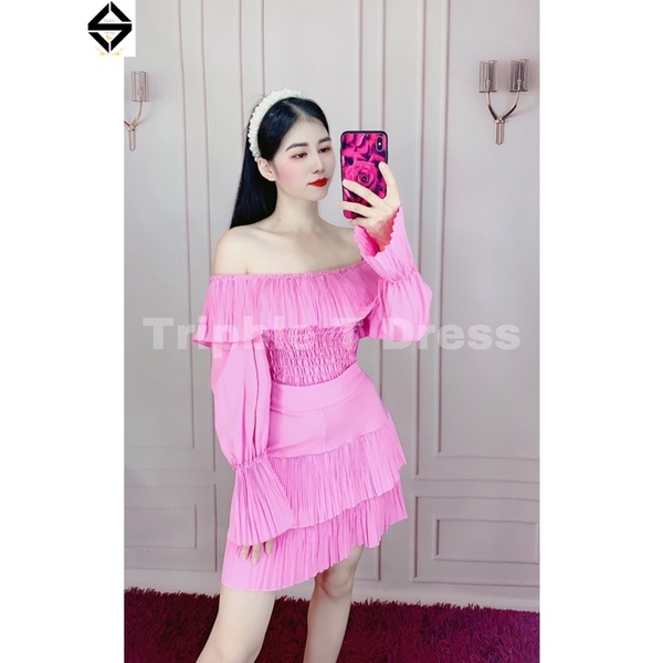 Sét đầm bẹt vai xếp ly bèo + CV tầng hồng sen siêu yêu TRIPBLE T DRESS - Free size dưới 54kg