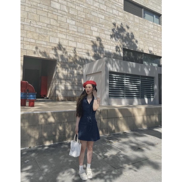 Váy nữ hoạ tiết kẻ xếp ly ngực dáng dài