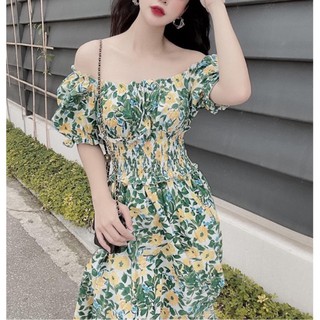 Váy hoa trễ vai chun eo Vải lụa đũi trễ vai siêu xinh