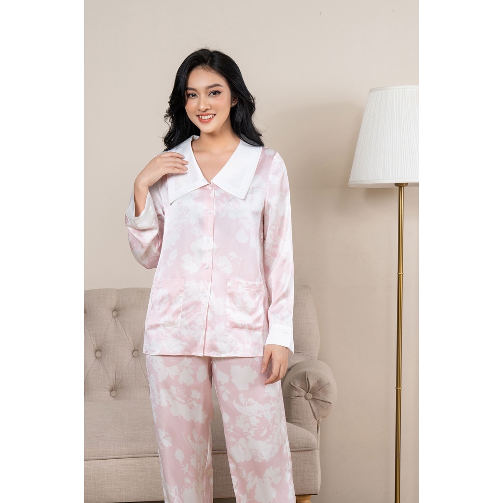 Đồ Ngủ Nữ Bộ Pijama Lụa Venus Secret Dài Tay Hoa Trắng