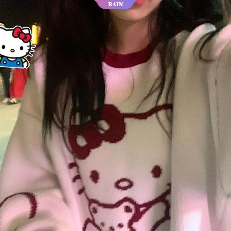 SANRIO Áo Sweater Chui Đầu Dáng Rộng In Hình Hello Kitty Dễ Thương Cho Nữ Sinh Phong Cách Học Sinh Mùa Thu Đông