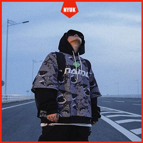 Áo Hoodie Tay Dài Giả Hai Lớp In Họa Tiết Cá Mập Phong Cách Hip Hop Thời Trang Năng Động