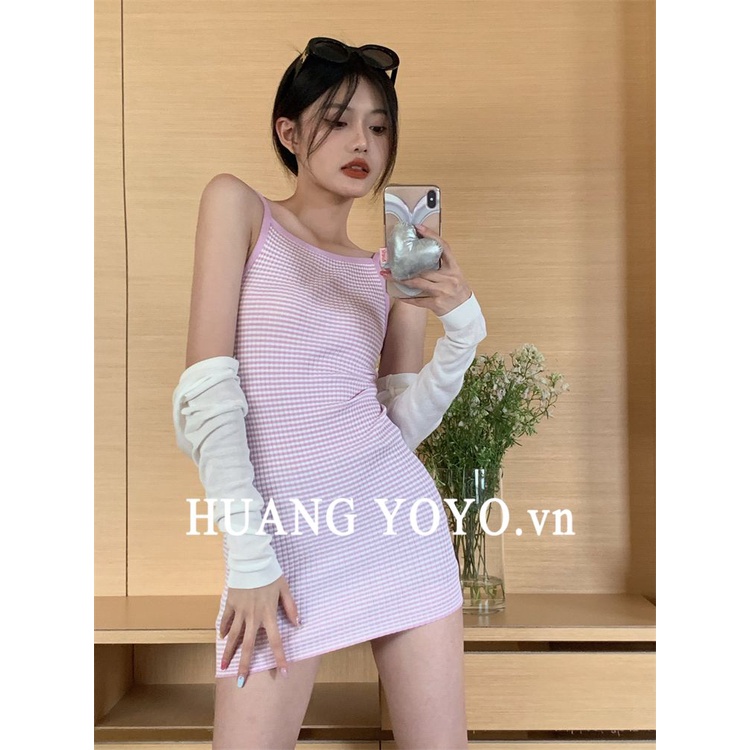 Đầm Hai Dây Hở Lưng Họa Tiết Kẻ Sọc Màu Sắc Tương Phản Phong Cách Hàn Quốc Thời Trang Dành Cho Nữ