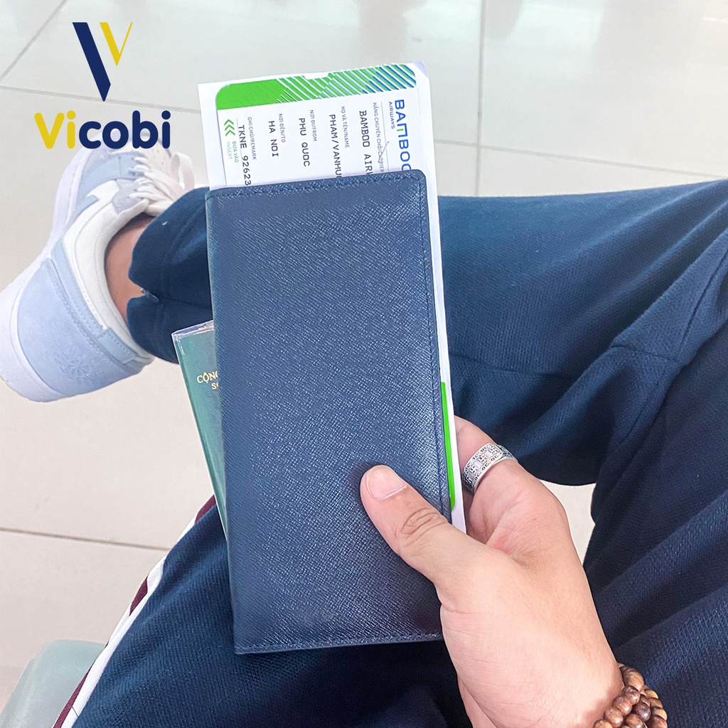 Bóp ví dài nam da bò xanh dương Vicobi, đựng thẻ card ATM, CMND, GPLX cà vẹt bằng lái xe mới và cũ gia công tại Việt Nam