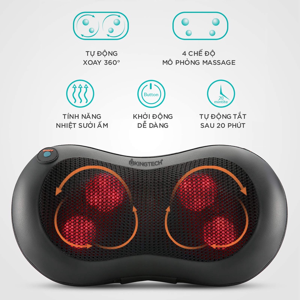 Gối Massage Nhiệt Hồng Ngoại KP-315 - 4 Bóng Xoay - Chuyên Sâu Cổ Vai Gáy - Chính Hãng KINGTECH - Bảo Hành 12 Tháng