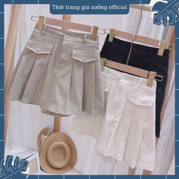 Chân váy nữ kaki xếp ly phối nắp túi cạp chun sau co dãn