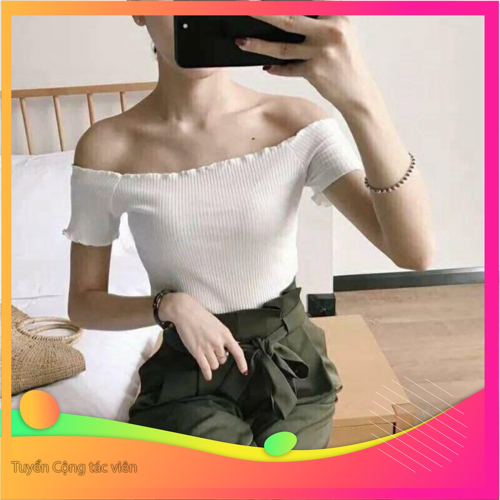 Dọn kho 11251B1 Áo trễ vai gân 2 màu Đen Trắng vải mịn xịn Dọn kho