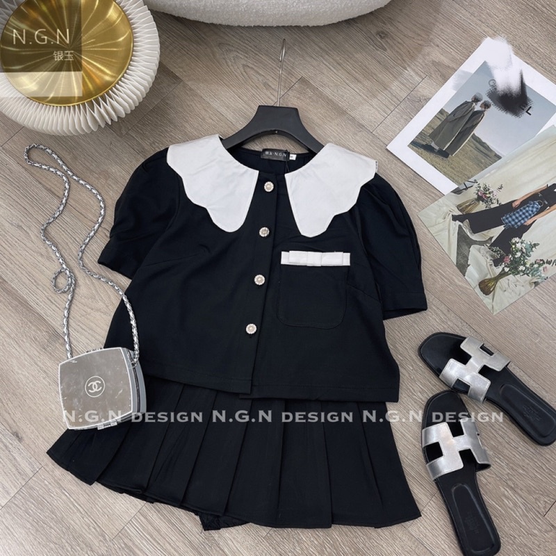 Sét áo cổ sen+ chân váy xếp li