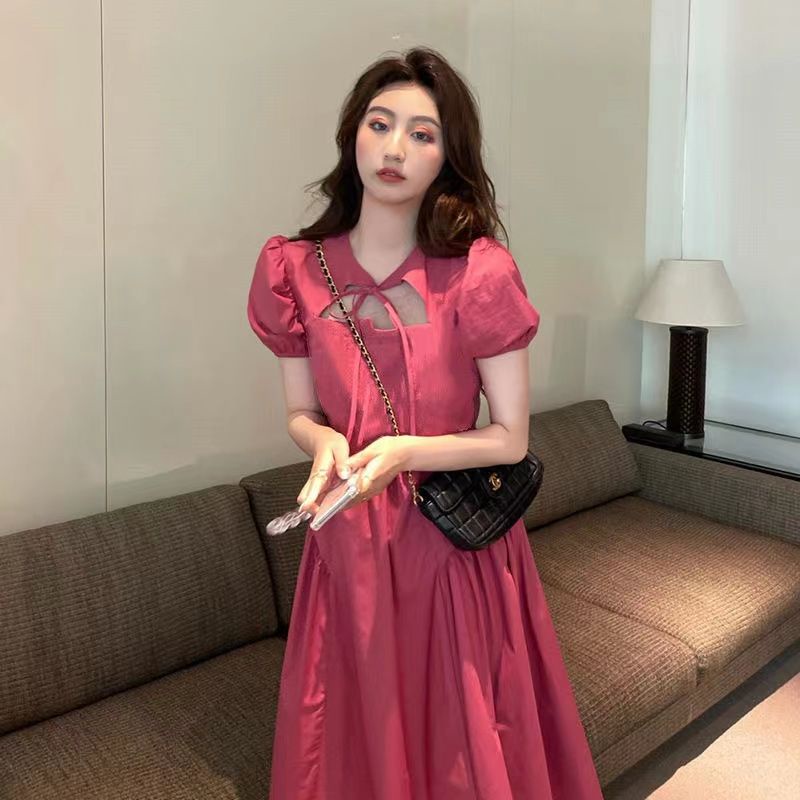Đầm Dài Qua Gối Thắt Nơ Phong Cách Retro Màu Cà Phê Nhẹ Nhàng Mùa Hè Cho Nữ