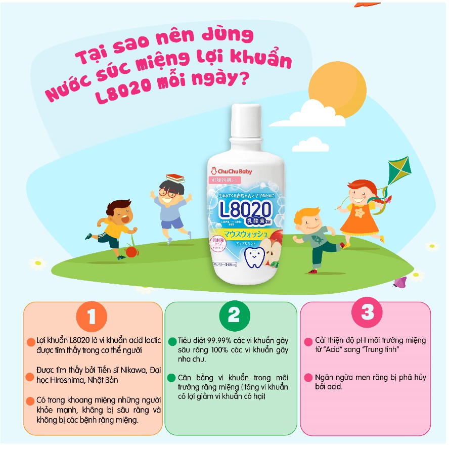 Nước súc miệng lợi khuẩn L8020 cho bé và gia đình vị táo bạc hà Chuchu Baby 300ml HSD T10.2022 chính hãng