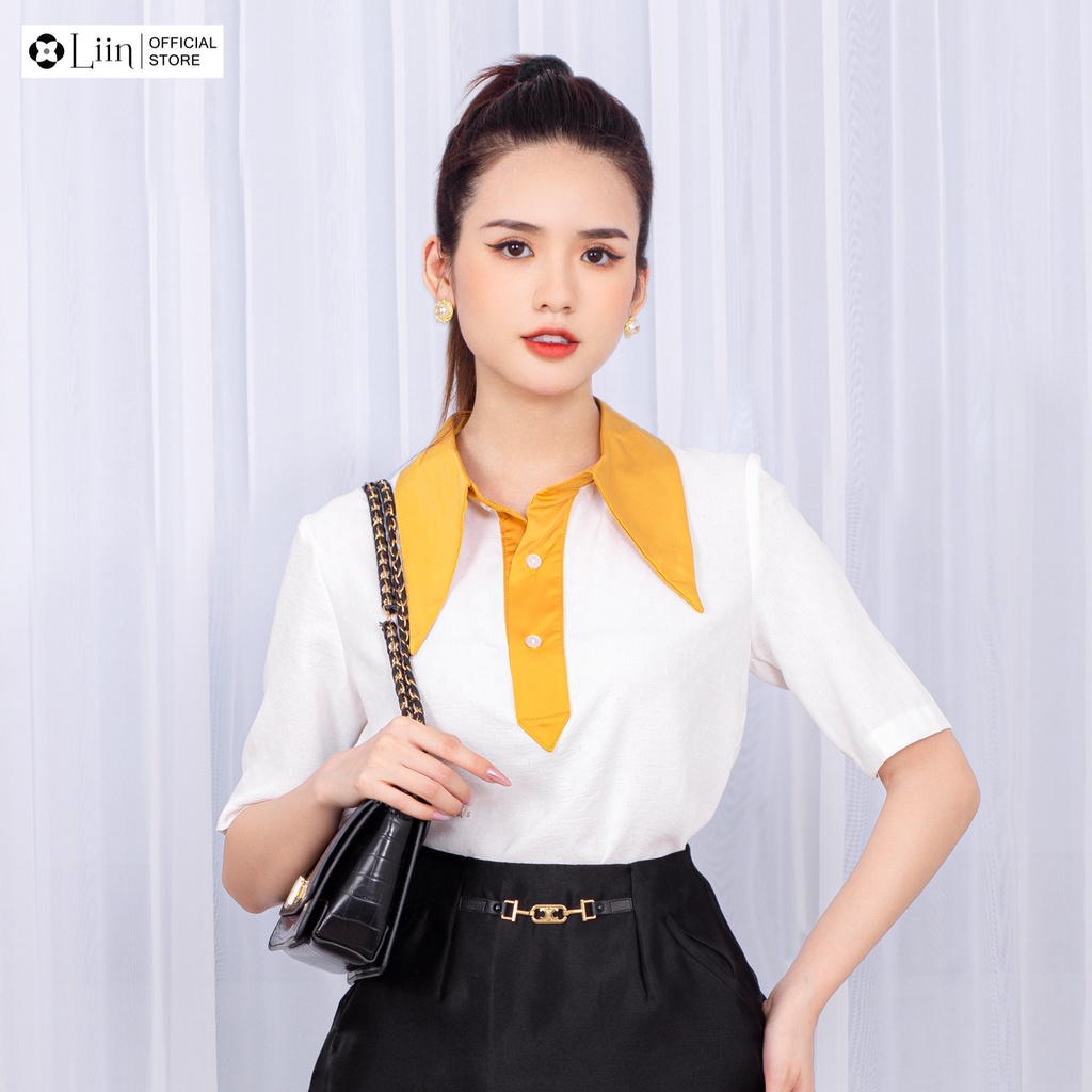 Áo sơ mi nữ tay lửng Linbi màu trắng cổ vàng xinh xắn Liin clothing SM 3473