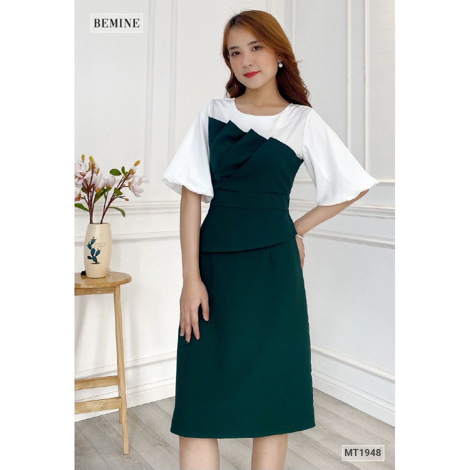Đầm công sở xếp tầng phối trắng BEMINE MT1948XANH | BigBuy360 - bigbuy360.vn