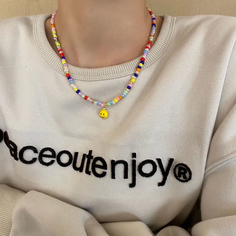Vòng Cổ Chuỗi Hạt Nhiều Màu Sắc Mặt Cười Đơn Giản Phong Cách Harajuku Cho Nữ