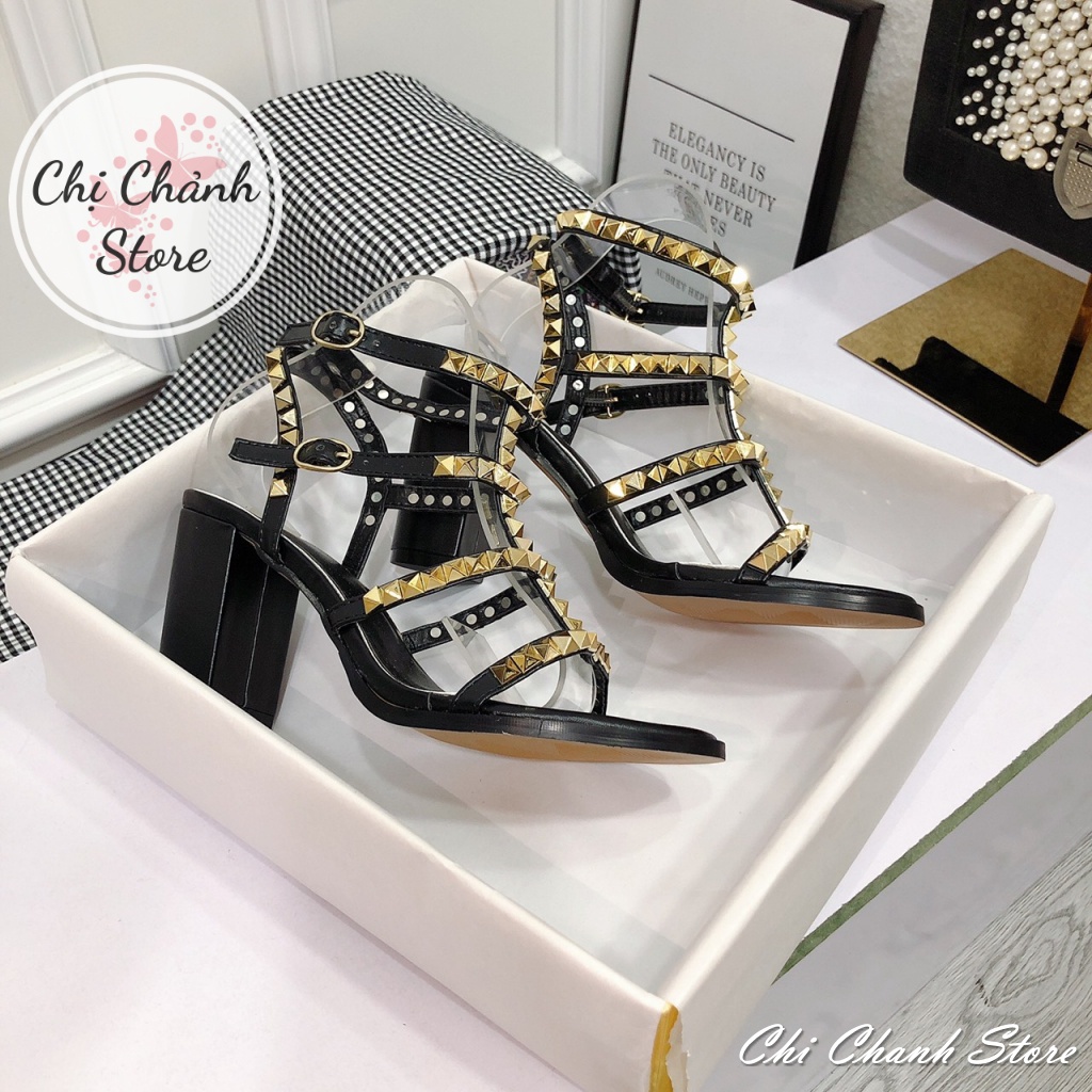 Sandal Cao Gót 9p Quai Đinh Thời Trang Hàng Chuẩn Cao Cấp Cực Xinh Sang - 2 Màu Trắng Đen